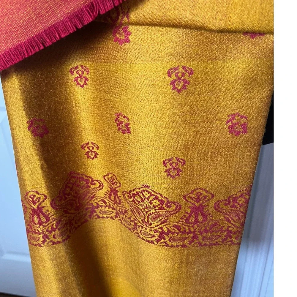 100% Wool Shawl Oswal Paisley Mustard Yellow Maroon Red Wrap Floral Paisley Vtg